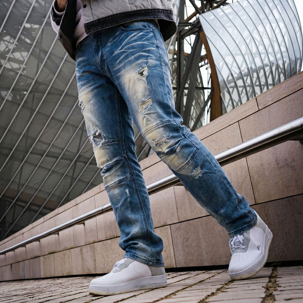 Smoke Rise Jeans Mens 44x32 Moto Biker Distressed Stretch Denim Blue Streetwear